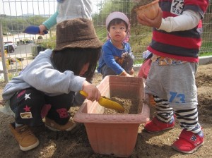 スコップを使って掘っています